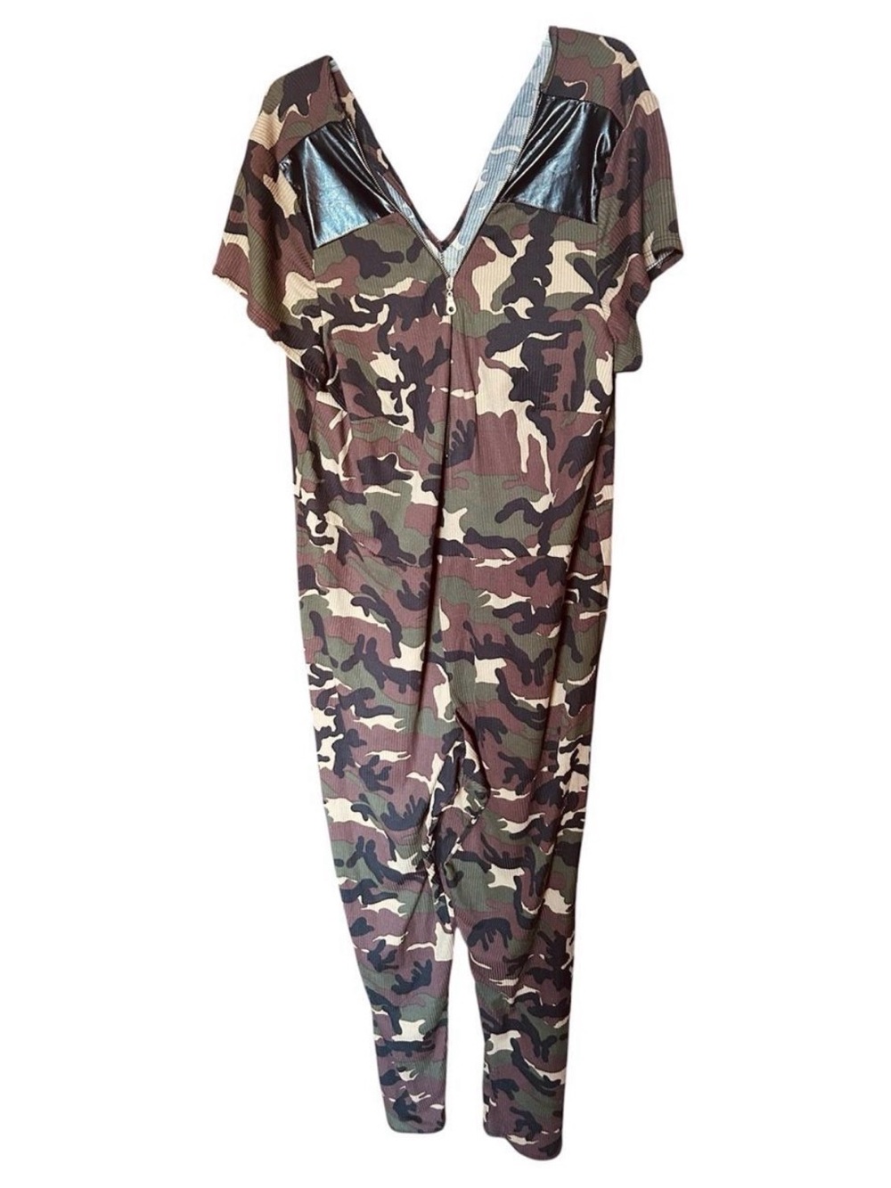 Plus size Camouflage V-Neck Jumpsuit w/back zipper, faux leather, straight leg.